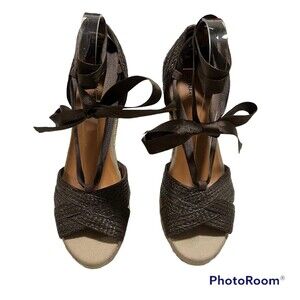 Old Navy 4 Inch Brown Espadrille Ankle Wrap Tie Wedge Sandals Heels Size 9